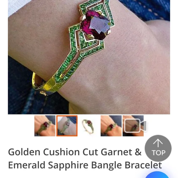 Golden Cushion Cut Garnet & Emerald Gold Bangle Bracelet - Picture 3 of 5